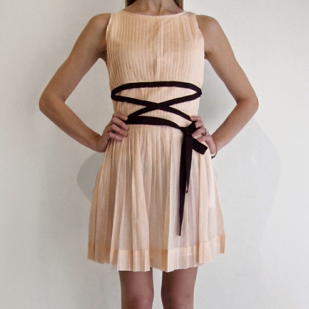 Band of Outsiders Pleated Ballet-Pink Black Ribbon Silk Mini Dress Women's Small